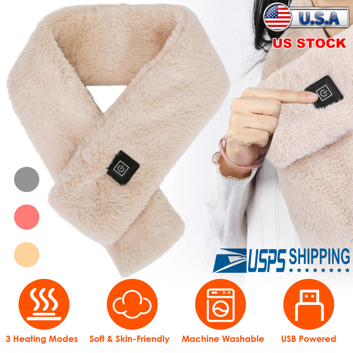 USB heated scarf with 3 heat settings